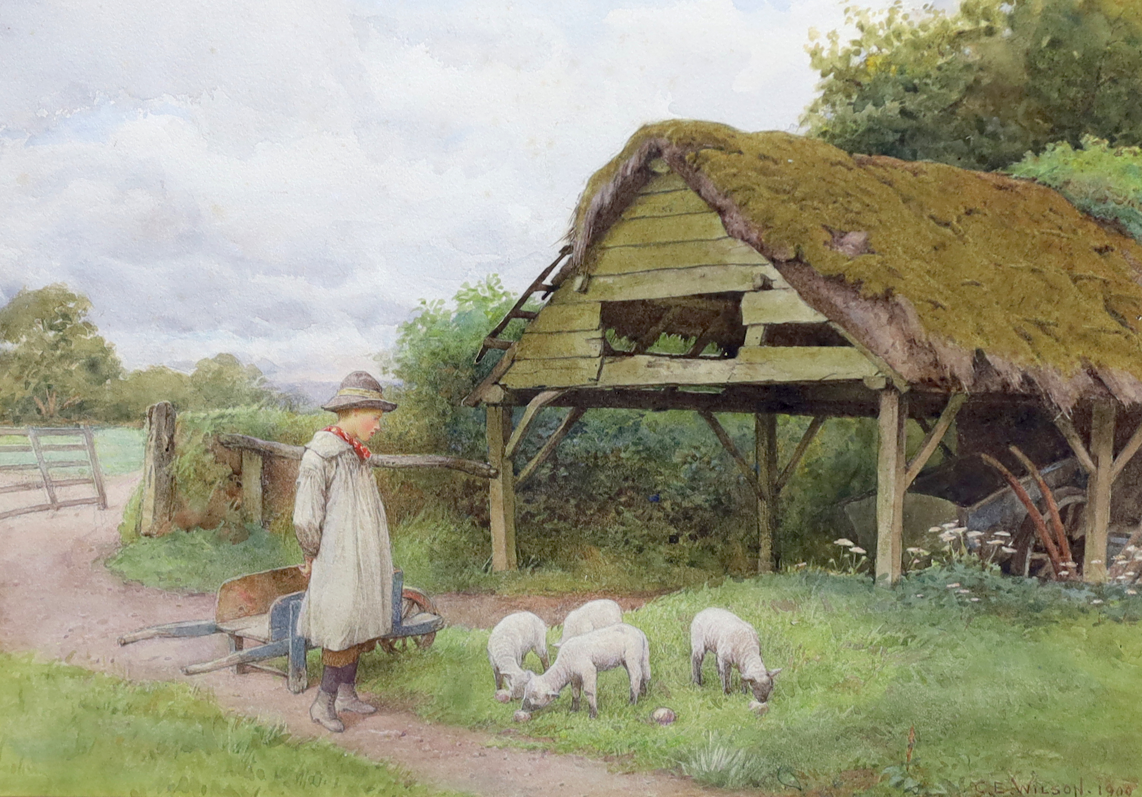 Charles Edward Wilson (English, 1854-1941), 'Gleanings' and 'The Orphans', watercolours, a near pair, 25 x 37cm and 26 x 37cm